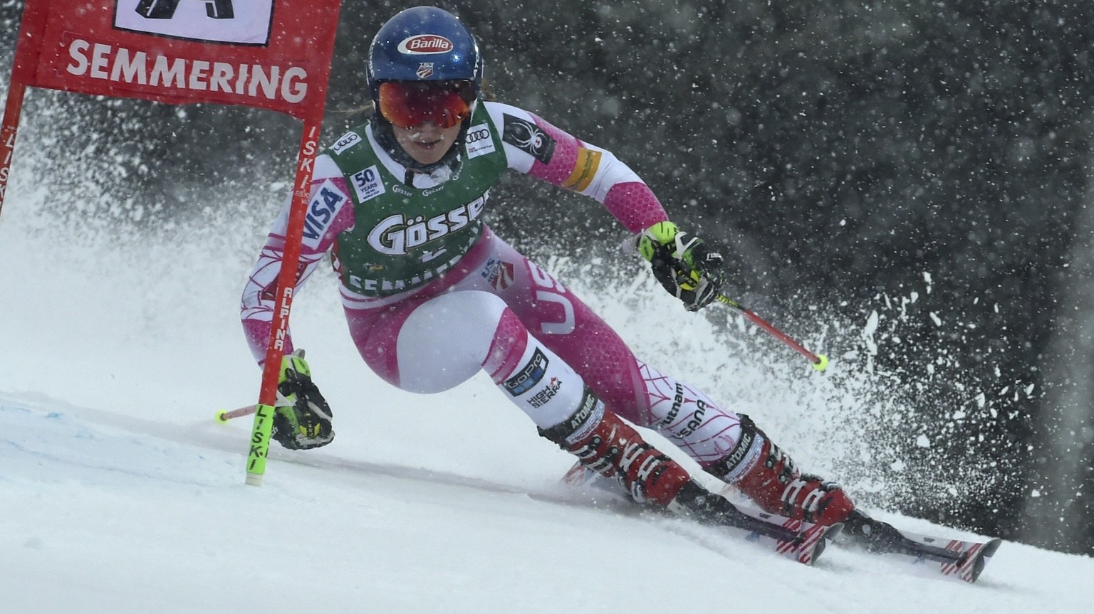 United States&#039;s Mikaela Shiffrin speeds down the course during the first run of an alpine ski, womens&#039; World Cup Giant Slalom, in Semmering, Austria, Wednesday, Dec. 28, 2016. (AP Photo/Marc ...