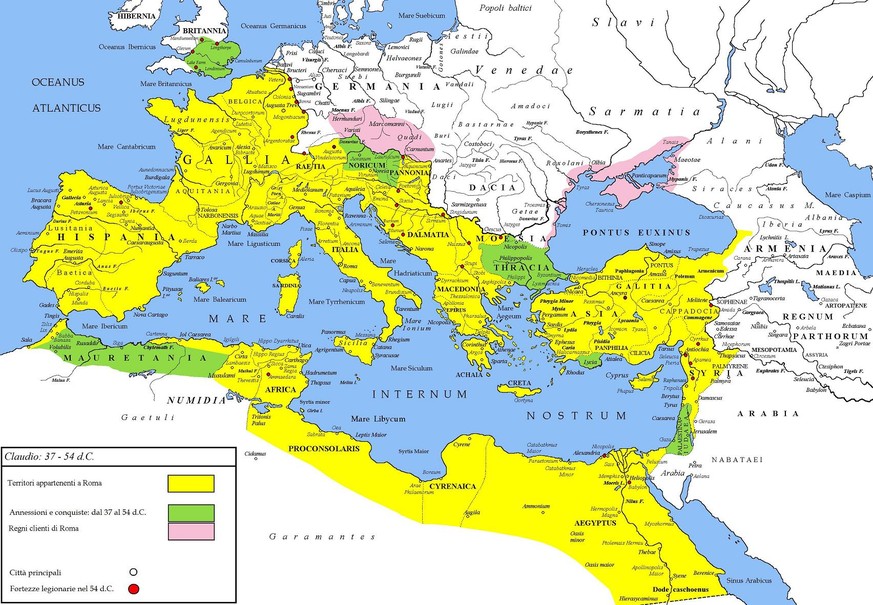 Das Römische Reich unter Kaiser Claudius 37–55 n. Chr. Im Jahr 47 wurde Britannia zur römischen Provinz. Gelb: zum Imperium Romanum gehörend; grün: Annexionen und Eroberungen zu dieser Zeit; rosa: röm ...
