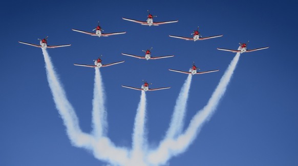 epa05799302 (FILE) - A file picture dated 20 March 2016 shows the PC-7 team of the Swiss Army flying over the finish area at the FIS Alpine Skiing World Cup Finals in St. Moritz, Switzerland. The seco ...