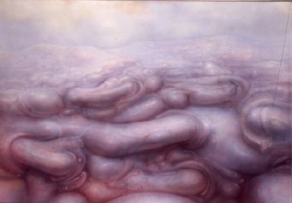 Hans Ruedi Giger: Landschaft I (1972), Acryl auf Papier, auf Holz.