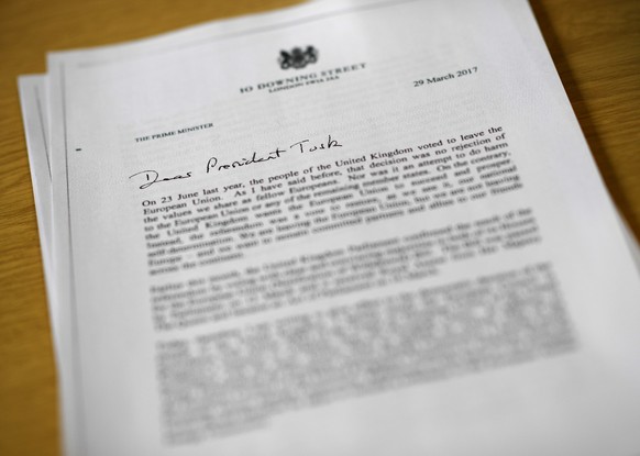 The letter from Britain&#039;s Prime Minister Theresa May to Donald Tusk, the President of the Europeran Council, triggering the United Kingdom&#039;s exit from the EU is seen in London, March 29, 201 ...