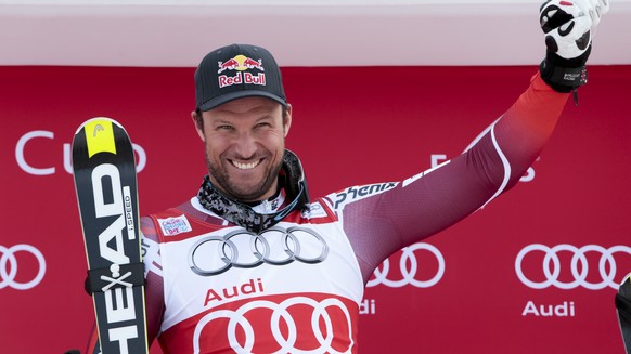 Norway&#039;s Aksel Lund Svindal reacts on the podium after winning the Men&#039;s World Cup downhill skiing event Friday, Dec. 4, 2015, in Beaver Creek, Colo. Norway&#039;s Kjetil Jansrud took second ...