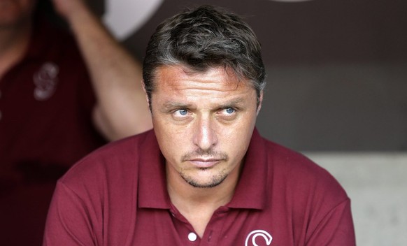 Sebastien Fournier, coach of Servette FC, looks on his players, during the Challenge League soccer match of Swiss Championship between Servette FC and FC Vaduz at the Stade de Geneve stadium, in Genev ...