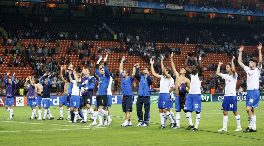 Zurich players celebrate after winning the Champions League, group C, soccer match between AC Milan and FC Zurich at the San Siro stadium in Milan, Italy, Wednesday, Sept. 30, 2009. Zurich won 1-0. (A ...