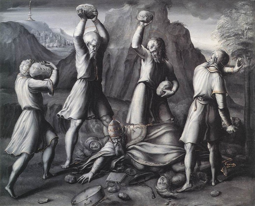 Girolamo da Treviso, «Eine protestantische Allegorie», 1542: Die vier Evangelisten steinigen den Papst.&nbsp;