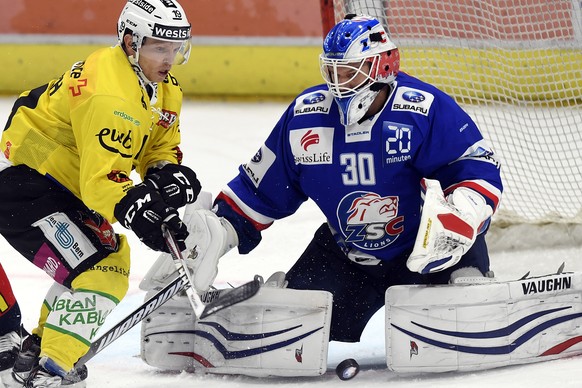 Der Zuercher Torhueter Lukas Flueeler, rechts, und der Berner Ryan Lasch, links, in Erwartung des Pucks, waehrend dem Eishockey-Meisterschaftsspiel der National League A zwischen den ZSC Lions und dem ...