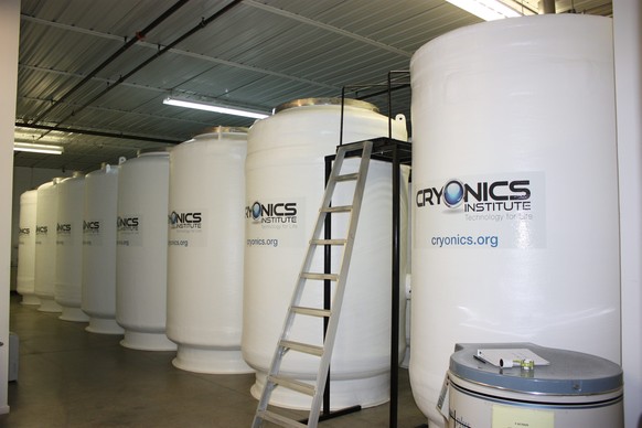 epa05636337 An undated handout picture provided by Cryonics Institute on 18 November 2016 shows Cryostats, insulated tanks for long-term patient storage in liquid nitrogen, at Cyronics Institute in Cl ...