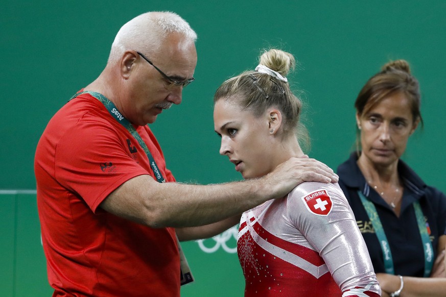 Switzerland&#039;s Giulia Steingruber, right, and her coach Zoltan Jordanov are disappointed after her performance in the women’s Artistic Gymnastics floor exercise final in the Rio Olympic Arena in R ...