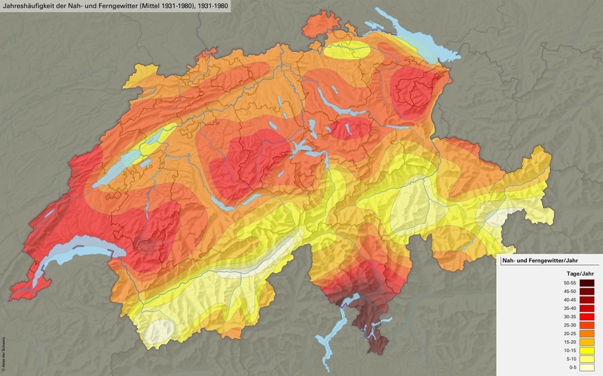 Karte Gewitterhäufigkeit Schweiz (Mittel 1931-1980)