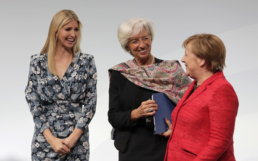 Ivanka Trump, daughter and adviser of U.S. President Donald Trump, International Monetary Fund Managing Director Christine Lagarde and German Chancellor Angela Merkel, from left, chat after a panel at ...