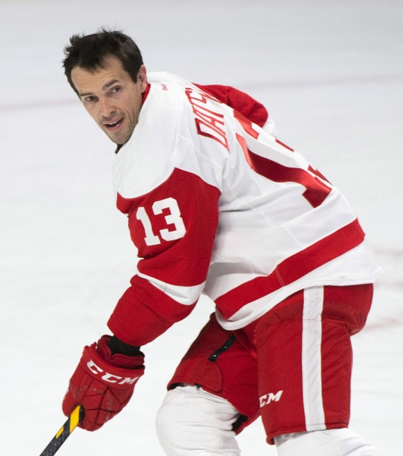Detroit Red Wings&#039; Pavel Datsyuk warms up prior to an NHL hockey game against the Montreal Canadiens in Montreal, Tuesday, Oct. 21, 2104. Datsyuk was cleared to play against Montreal after missin ...