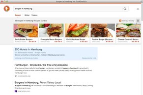 Suche nach «Burger in Hamburg»: Die Suchmaschine DuckDuckGo versucht, Ergebnisse ähnlich hübsch aufzubereiten wie die Konkurrenz. Das klappt allerdings nicht immer.