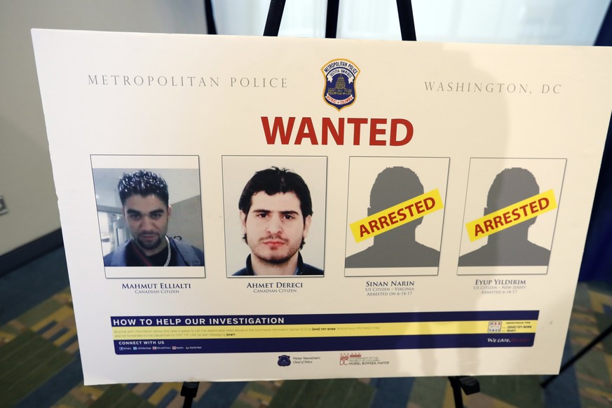 Pictures of people facing criminal charges are seen after a news conference in Washington, Thursday, June 15, 2017, about an May 16, 2017, altercation outside the Turkish Embassy in Washington during  ...