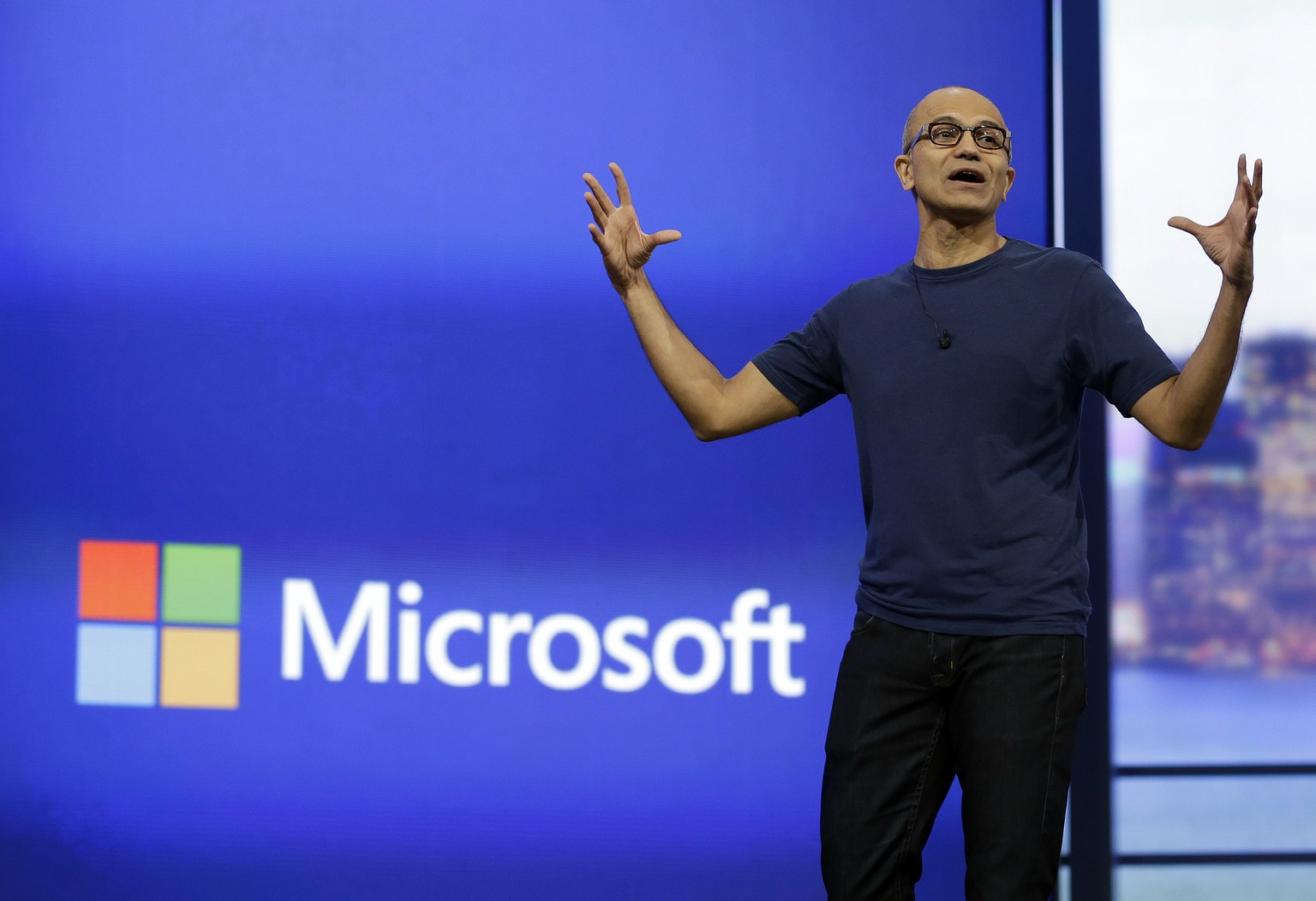 Microsoft CEO Satya Nadella gestures during the keynote address of the Build Conference Wednesday, April 2, 2014, in San Francisco. Microsoft kicked off its annual conference for software developers,  ...