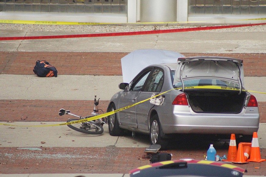 A car which police say was used by an attacker to plow into a group of students is seen outside Watts Hall on Ohio State University&#039;s campus in Columbus, Ohio, U.S. November 28, 2016. Courtesy of ...