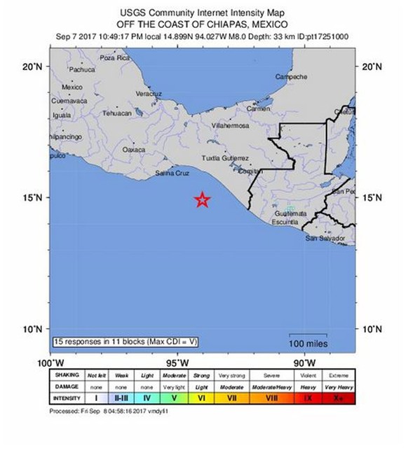 epa06191356 A handout photo made available by the United States Geological Survey shows an intensity map showing the location of a 8.0 magnitude earthquake which struck at a depth of 33 km at 10:49 pm ...