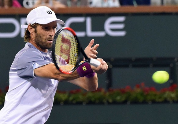 Mar 12, 2017; Indian Wells, CA, USA; Stephane Robert (GBR) during his second round match against Roger Federer (not pictured) in the BNP Paribas Open at the Indian Wells Tennis Garden. Mandatory Credi ...