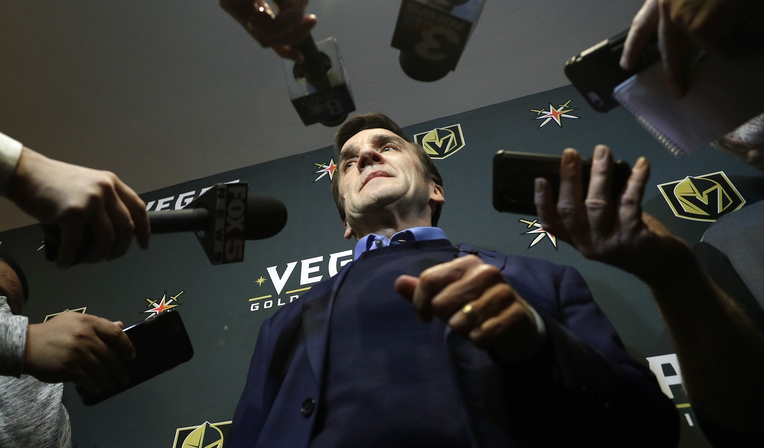 FILE - In this Wednesday, March 1, 2017, file photo, Vegas Golden Knights general manager George McPhee speaks during a news conference in Las Vegas. After further consideration, the NHL will release  ...