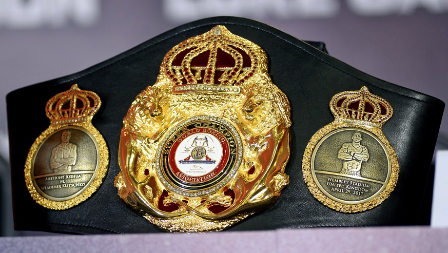 epa05930741 The WBA Heavyweight Super Championship belt is seen during a press conference for the title bout between Britain&#039;s Anthony Joshua and Vladimir Klitschko of Ukraine at Sky Sports studi ...