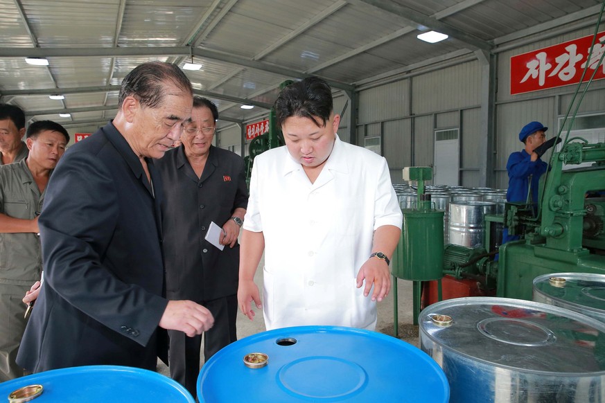 North Korean leader Kim Jong Un looks at the production of acrylic paints during a visit to the Sunchon Chemical Complex in this undated photo released by North Korea&#039;s Korean Central News Agency ...