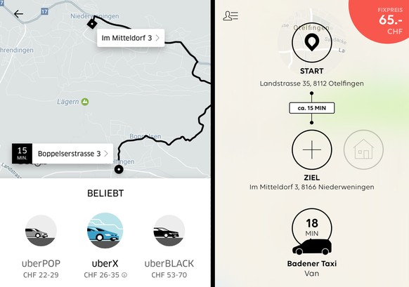 Bei längeren Fahrten ausserhalb der Stadt zeigt sich der Preisunterschied noch deutlicher: Die Strecke Otelfingen – Niederweningen kostet mit UberX 26–35 Franken, mit «go!» jedoch 65 Franken.