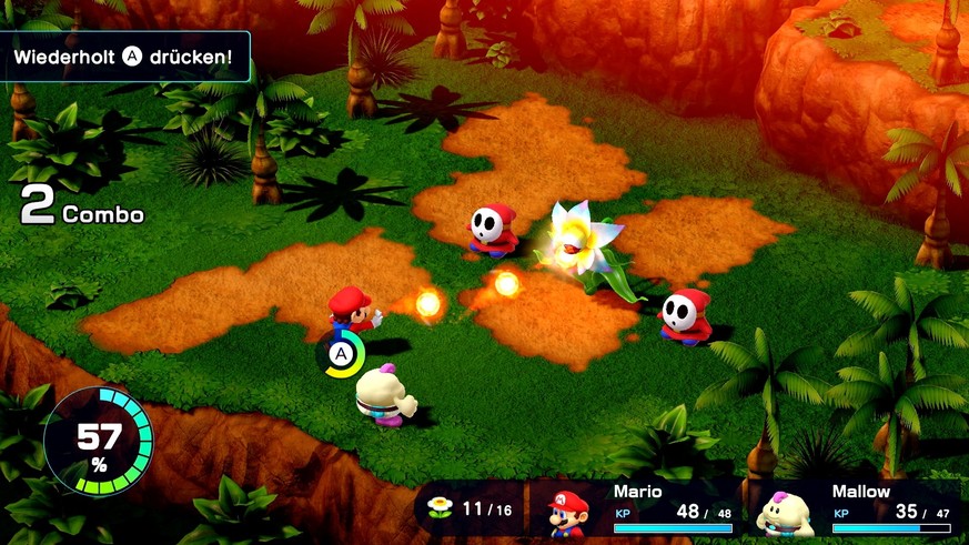 Nintendo Switch Die Kämpfe laufen rundenbasiert ab. Um möglichst viele Feuerbälle zu verschiessen, müsst ihr aber schnell hintereinander den Aktionsknopf drücken.