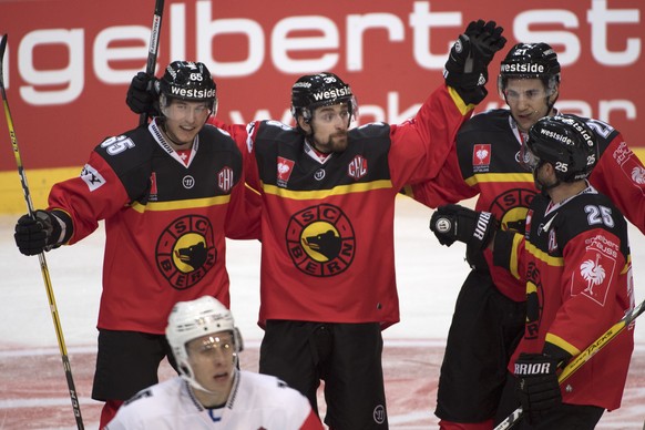 Bern&#039;s Ramon Untersander, Mark Arcobello, Simon Moser and Andrew Ebbett, from left, celebrate during a Champions Hockey League round of 16 match between Switzerland&#039;s SC Bern and Finland&#03 ...