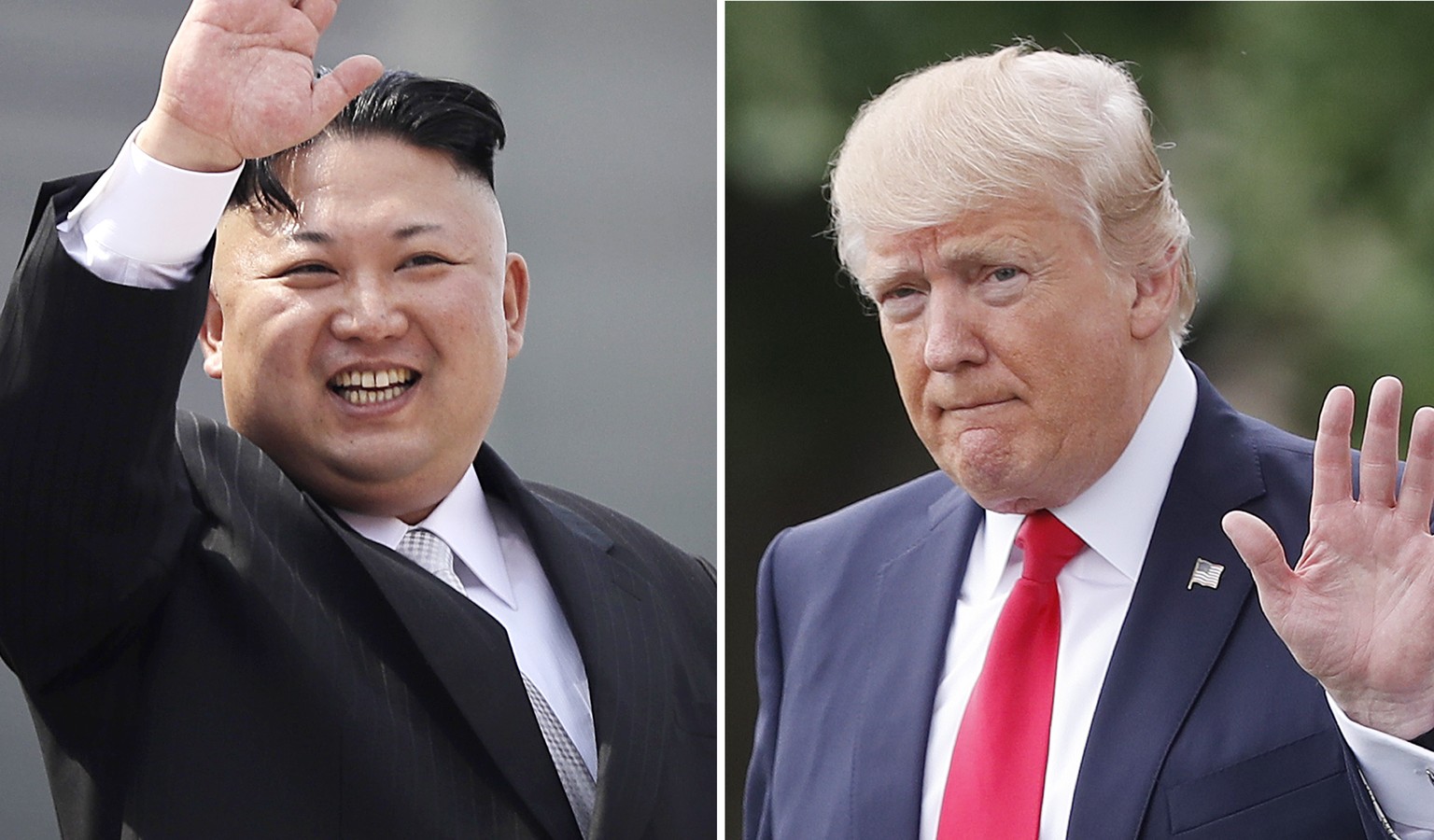 FILE - This combination of photos shows North Korean leader Kim Jong Un on April 15, 2017, in Pyongyang, North Korea, left, and U.S. President Donald Trump in Washington on April 29, 2017. The notion  ...