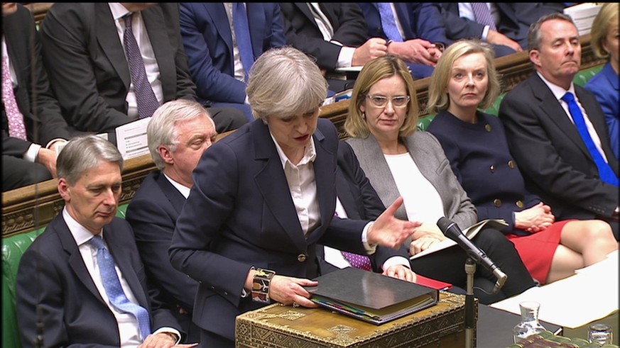 Britain&#039;s Prime Minister Theresa May gives news of triggering the Article 50 clause to initiate Britain&#039;s separation from the European Union, inside the House of Commons in London in this im ...