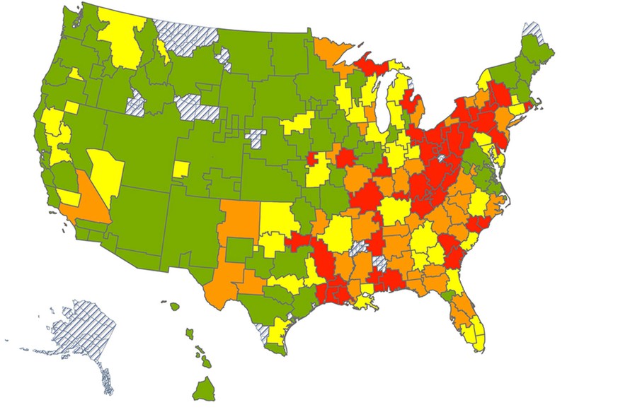 In den roten Gebieten liegt die «Nigger»-Quote deutlich über dem Durchschnitt, in den grünen klar darunter.&nbsp;