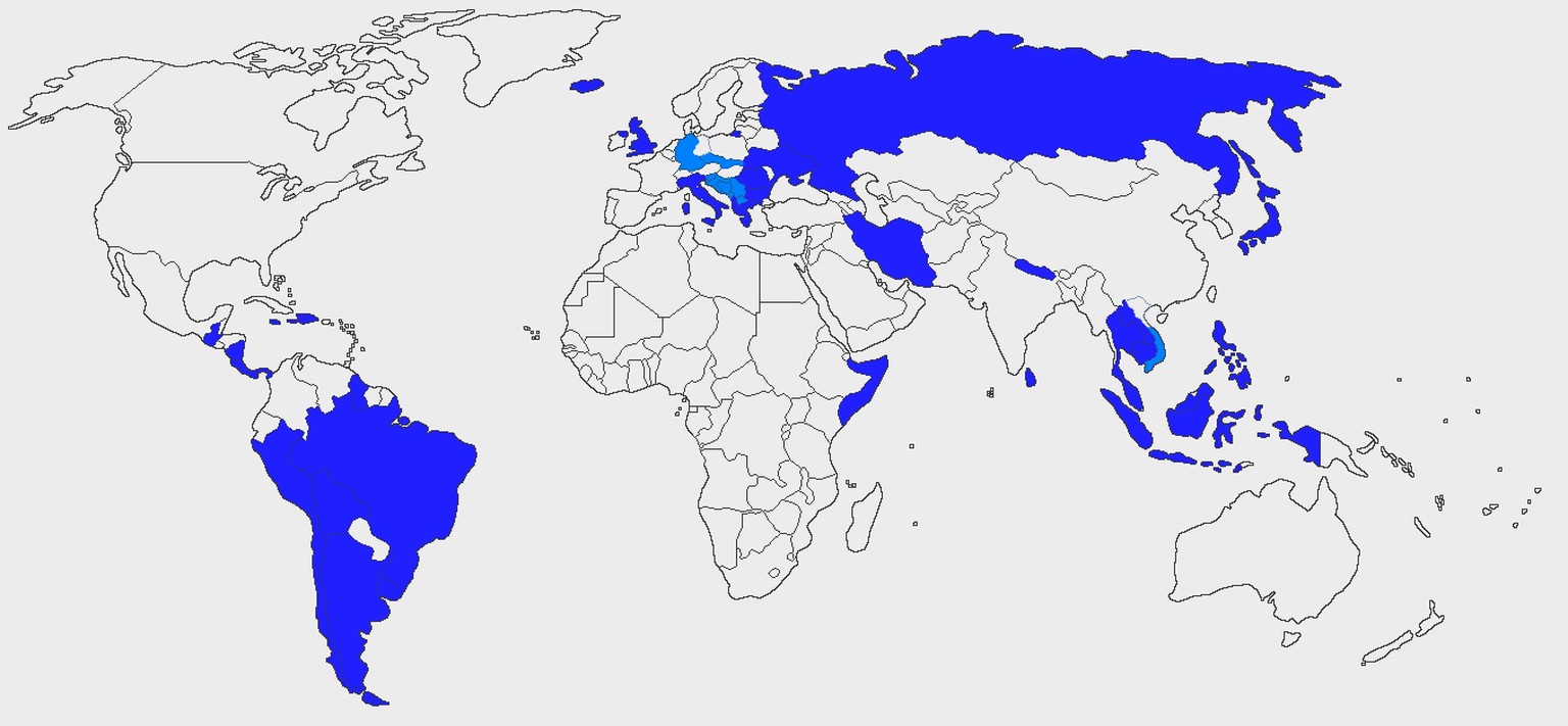 Dunkelblau: heute bestehende Staaten. Hellblau: die historischen Staaten Westdeutschland, Tschechoslowakei, Jugoslawien und Südvietnam.
