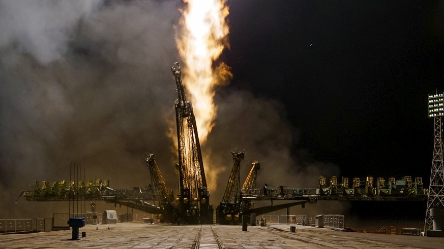 Start der Sojus-Rakete auf dem Weltraumbahnhof Baikonur.&nbsp;