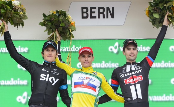 Geraint Thomas (2.), Simon Spilak (1.) und Tom Dumoulain (3.) stehen in der Gesamtwertung der Tour de Suisse auf dem Podest.&nbsp;&nbsp;