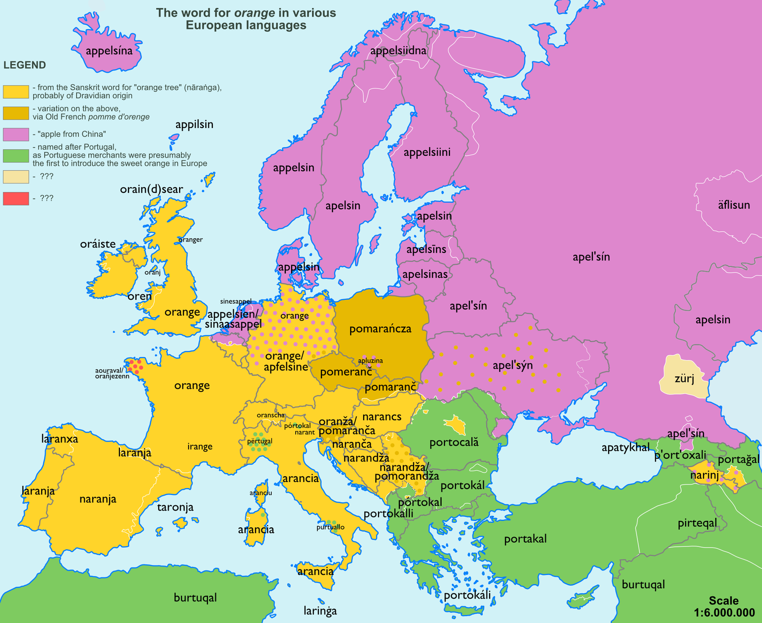 In den grün gefärbten Ländern ist die Orange nach Portugal benannt, da portugiesische Kaufleute vermutlich die ersten waren, welche die süsse Frucht nach Europa brachten. Türken sagen daher Portakal.