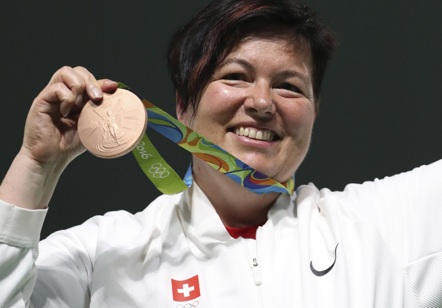 Heidi Diethelm Gerber of Switzerland celebrates for the bronze medal during the award ceremony for the women&#039;s 25 meter pistol competition at Olympic Shooting Center at the 2016 Summer Olympics i ...