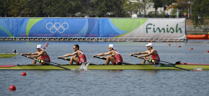 epa05467570 (L-R) Mario Gyr, Simon Niepmann, Simon Schuerch and Lucas Tramer of Switzerland during the Men&#039;s Lightweight Four Semifinal at the Rio 2016 Olympic Games Rowing events at the Lagoa Ro ...