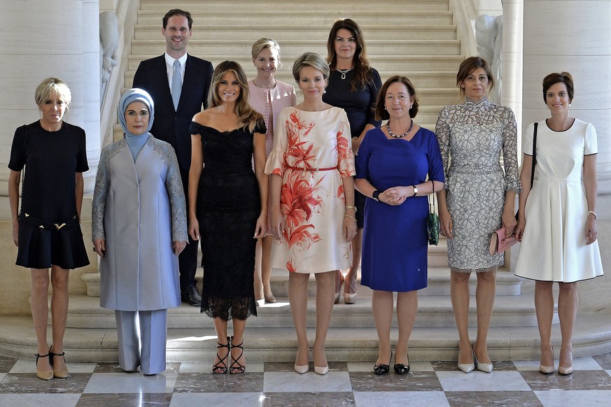 epa05990172 (Front row, L-R) First Lady of France Brigitte Macron, First Lady of Turkey Emine Gulbaran Erdogan, First Lady of the US Melania Trump, Queen Mathilde of Belgium, NATO Secretary General St ...