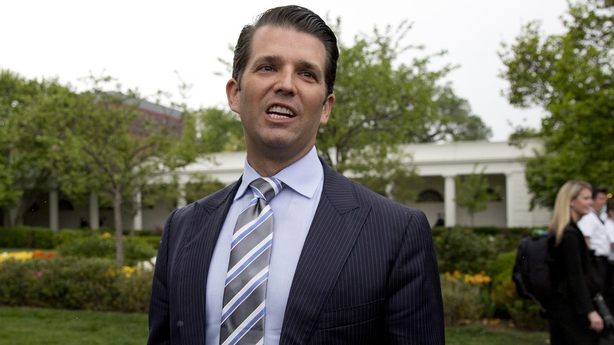 FILE - In this April 17, 2017, file photo, Donald Trump Jr., the son of President Donald Trump, speaks to media during the annual White House Easter Egg Roll on the South Lawn of the White House in Wa ...