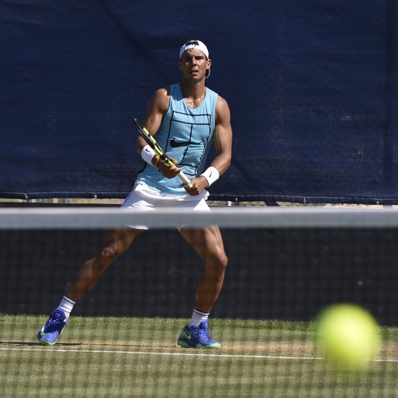 epa06038622 Spanish tennis player Rafael Nadal takes part in a grass court training session in preparation for his participation in the upcoming Wimbledon tennis tournament, in Palma de Mallorca, Bale ...