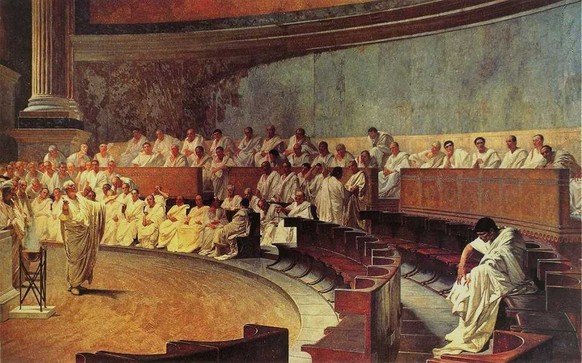 Wer adlig war, betrieb Politik und wer Politik betrieb, war adlig. Gemälde von Cesare Maccari, 1888:&nbsp;Cicero, der vor dem römischen Senat die Verschwörung des Catilina (63 v. Chr.) aufdeckt.