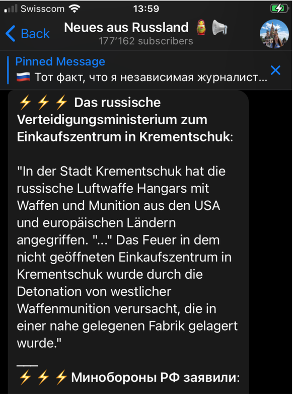 Die offizielle Version, respektive Desinformation, des russischen Verteidigungsministeriums, verbreitet über den Telegram-Kanal von Alina Lipp.