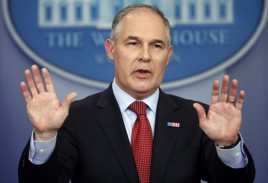 FILE - In this June 2, 2017, file photo, EPA Administrator Scott Pruitt speaks to the media in the Brady Press Briefing Room of the White House in Washington. Employees at the Environmental Protection ...