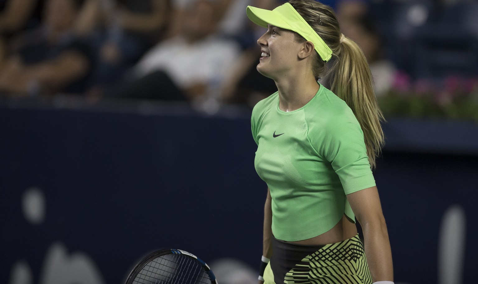 epa05886942 Eugenie Bouchard of Canada reacts while in action against Sara Sorribes Tormo of Spain during their first round match at the Monterrey Open tennis tournament in Monterrey, Mexico, 03 April ...