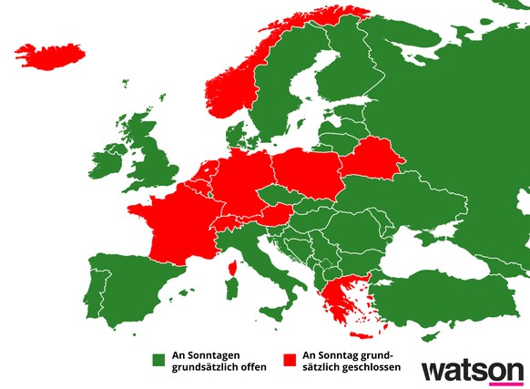 Der Sonntag ist den Schweizern heilig! Nur in den roten Ländern ist es üblich, dass die meisten Geschäfte den ganzen Sonntag über geschlossen bleiben. Quelle: eurocommerce.eu