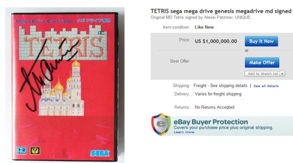 Die von Tetris-Erfinder Alekséi Pázhitnov&nbsp;unterschriebene Version wurde 2008 auf Ebay für eine Million Dollar angeboten. &nbsp;