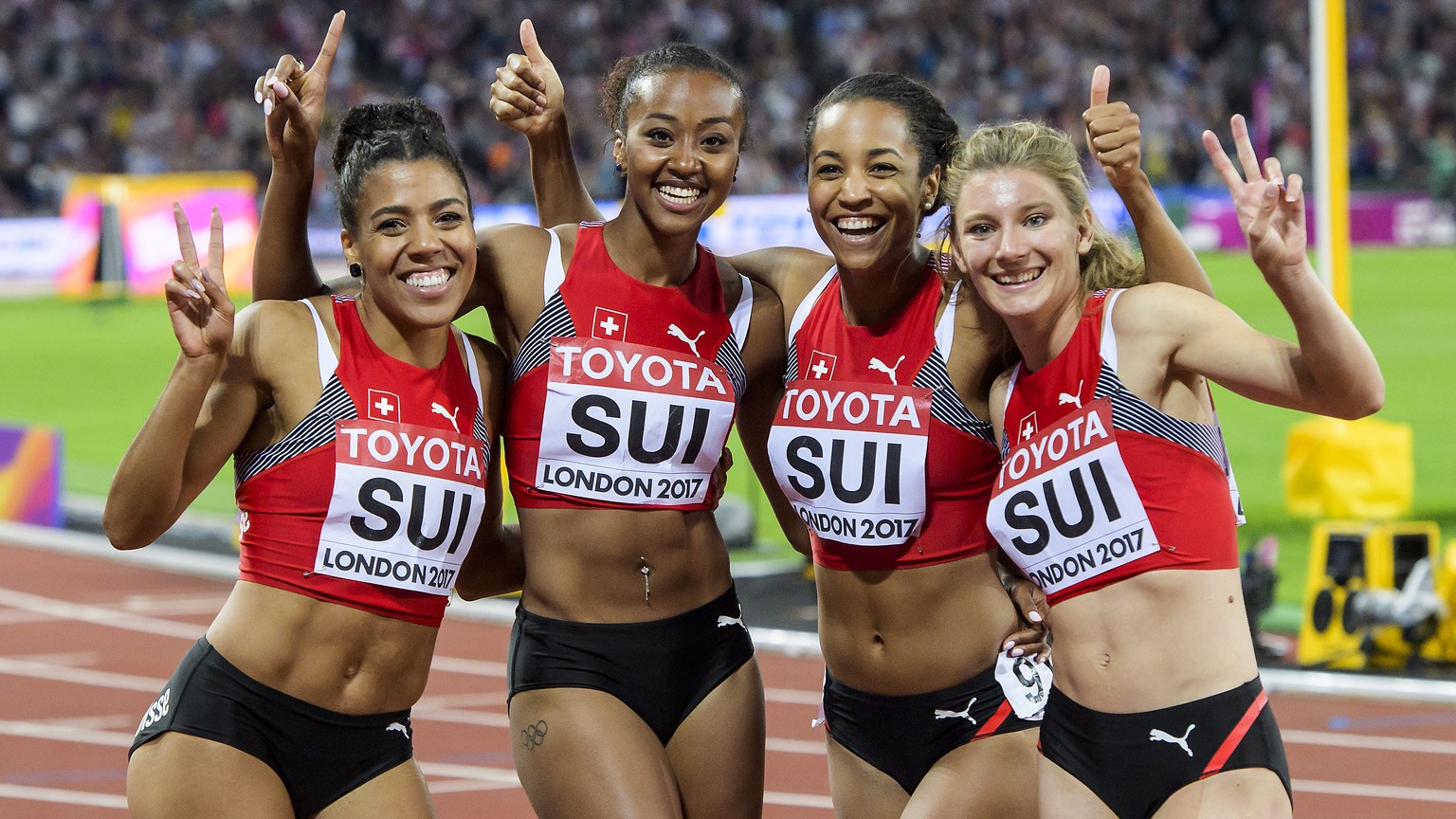From left to right, Mujinga Kambundji, Sarah Atcho, Salome Kora, Ajla Del Ponte from Switzerland, react during the 4x100m Relay Women Final at the IAAF World Athletics Championships at the London Stad ...