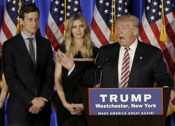 FILE PHOTO - Donald Trump speaks as his son-in-law Jared Kushner (L) and his daughter Ivanka listen at a campaign event at the Trump National Golf Club Westchester in Briarcliff Manor, New York, U.S.  ...