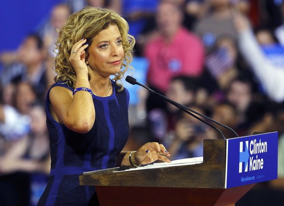 Democratic National Committee (DNC) Chairwoman Debbie Wasserman Schultz speaks at a rally, before the arrival of Democratic U.S. presidential candidate Hillary Clinton and her vice presidential runnin ...