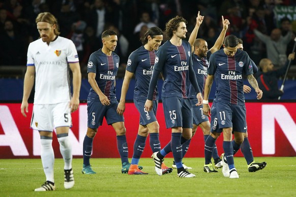 Football Soccer - Paris St Germain v FC Basel - UEFA Champions League Group Stage - Group A - Parc des Princes - Paris,France - 19/10/16. Paris St Germain&#039;s Lucas celebrates with team-mates after ...