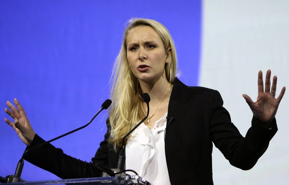 FILE - In this Dec.9, 2015 file photo, far right National Front party regional leader for southeastern France, Marion Marechal Le Pen, delivers her speech, during a campaign meeting in Marseille, sout ...